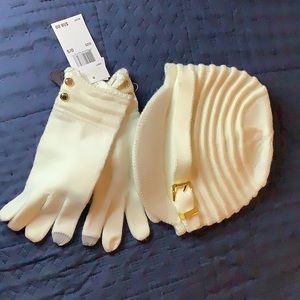Cream colored Michael Kors hat & matching gloves with gold logo buttons & buckle